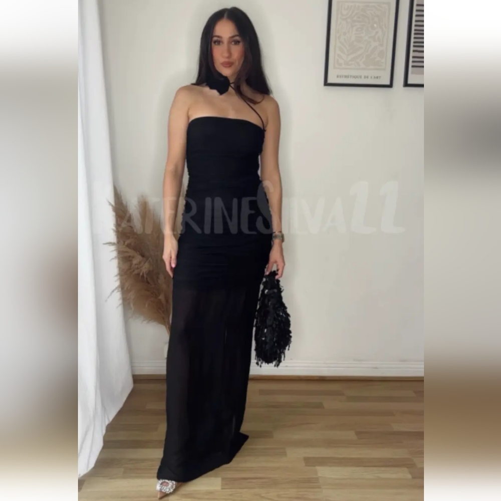 ZARA SHEER TULLE FLORAL DRESS * BLACK - Picture 7 of 14